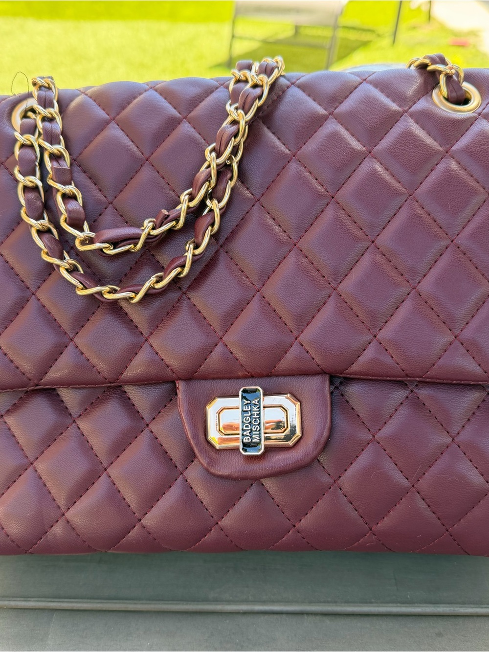 Badgley Mischka Quilted Wine Shoulder Bag with Gold Chain